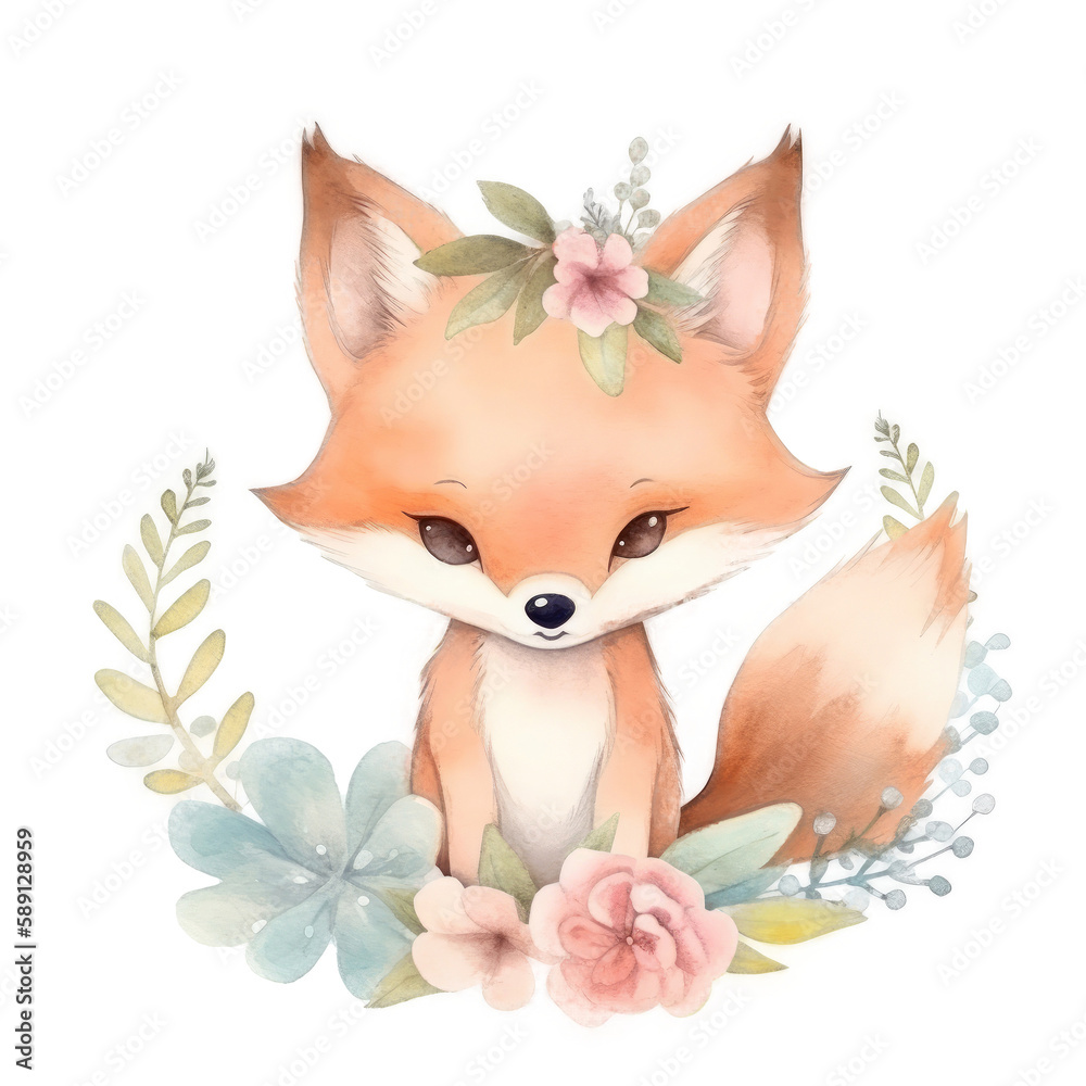 Fototapeta premium Cute watercolor fox. Illustration AI Generative