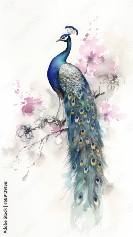 Fototapeta premium Flora and fauna, watercolor peacock art adorned with blossoms, generative ai