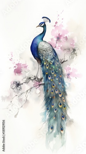 Flora and fauna, watercolor peacock art adorned with blossoms, generative ai