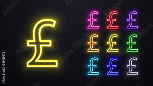 A set of neon British pound sterling logos in different colors.