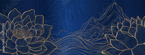 Freehand of a lotus with thin graceful lines against a mountain landscape. Lotus flower luxury design template poster.