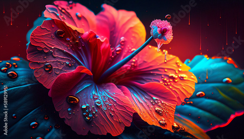 hibiscus flower with water drops,neon sun rise, bokha mood