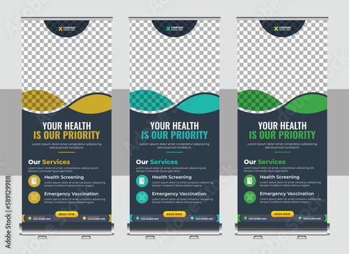 Healthcare and medical roll up design, standee banner template design for exhibition