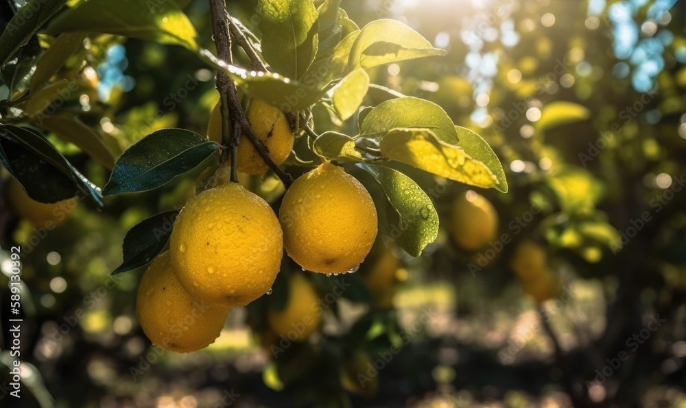 Lemons on a branch in an orchard on a sunny day, generative AI