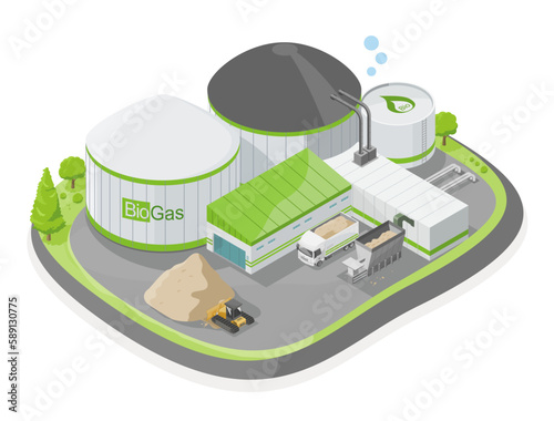 Bio gas Plant factory storage ecology factory green energy symbols concept illustration isometric isolated vector