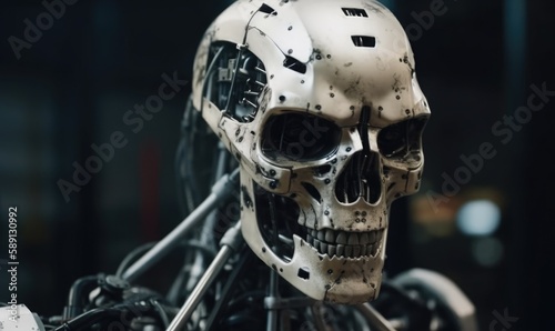 artificial intelligent humanoid robot still in skeleton stage assemble in android factory, generative AI