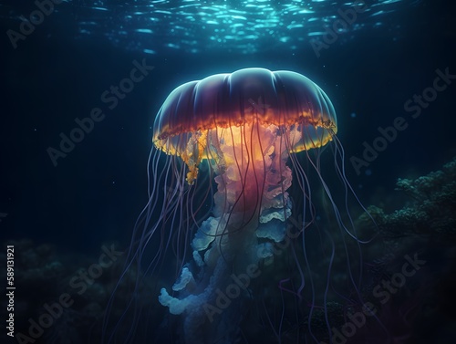 Glowing jellyfish swim deep in blue sea. Wallpaper. AI Generated