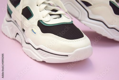 Bright female sneakers on light pink background. Fashion blog or magazine concept.