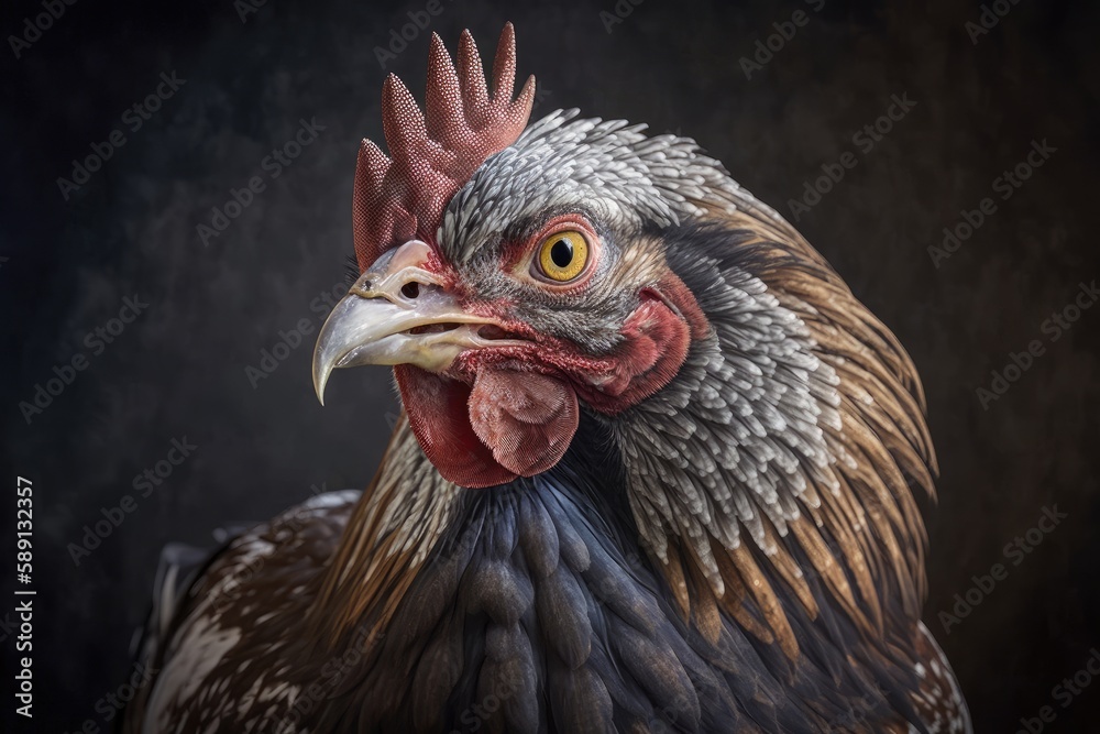 Portrait of a chicken on a black background. ai generative