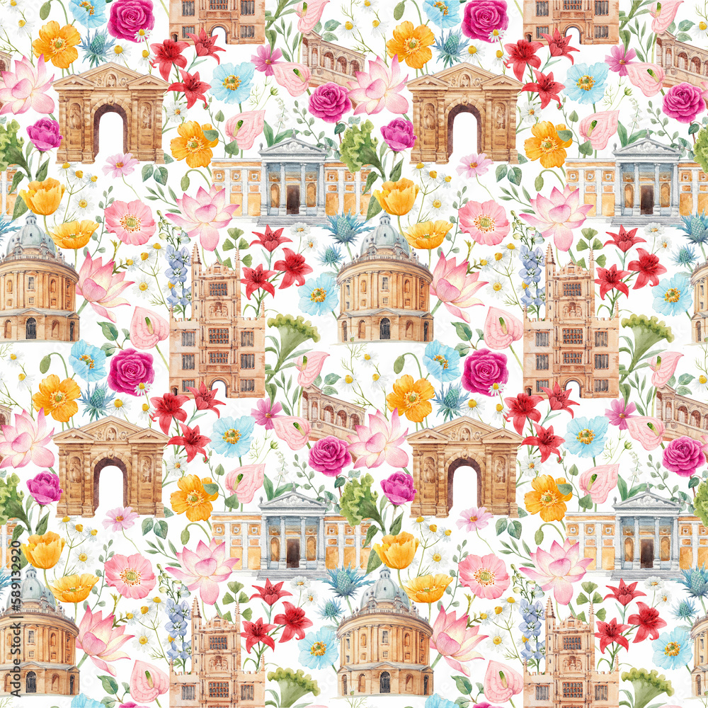 Beautiful seamless patrtern with watercolor hand drawn Oxford historical sites and flowers. Stock illustration.
