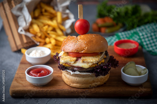 Homemade hamburger served w...