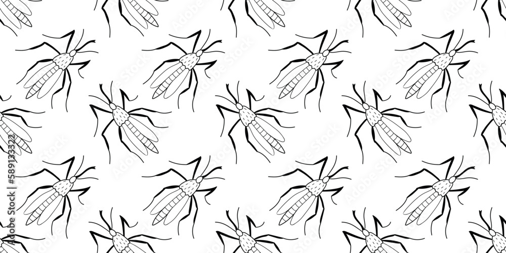 Vector seamless pattern of black outline mosquitos, moths, beetles in doodle sketch style. Simple texture with insects, bloodsuckers, pests