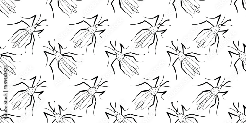 Fototapeta premium Vector seamless pattern of black outline mosquitos, moths, beetles in doodle sketch style. Simple texture with insects, bloodsuckers, pests