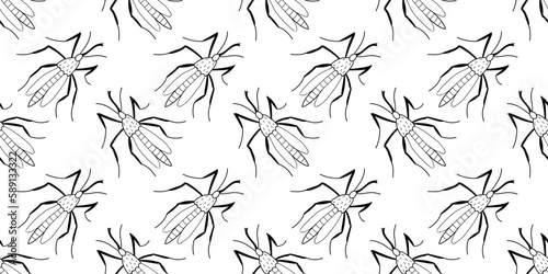 Vector seamless pattern of black outline mosquitos, moths, beetles in doodle sketch style. Simple texture with insects, bloodsuckers, pests