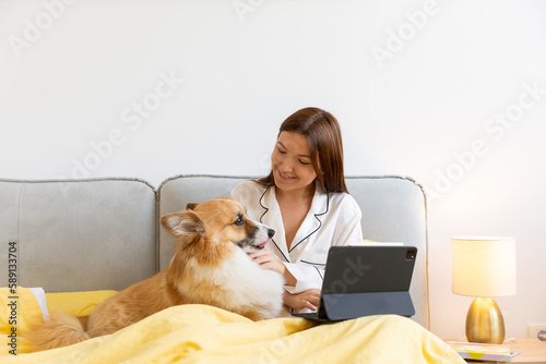 a corgi dog and a girl on the bed working on a laptop straight out of bed. Dog friend of man, lifestyle