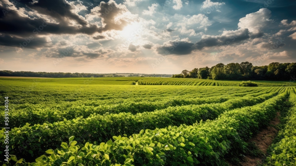 Green ripening soybean field, agricultural landscape. Generative AI