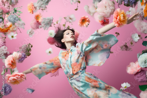woman flying concept colorful falling spring flower art beauty fashion peony. Generative AI.