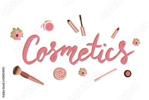 Illustration of a set of cosmetics - lipstick, blushes, mascara, makeup brush. Web page banner template, cute illustration