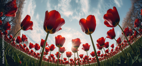 panorama of red tulips field from the bottom view