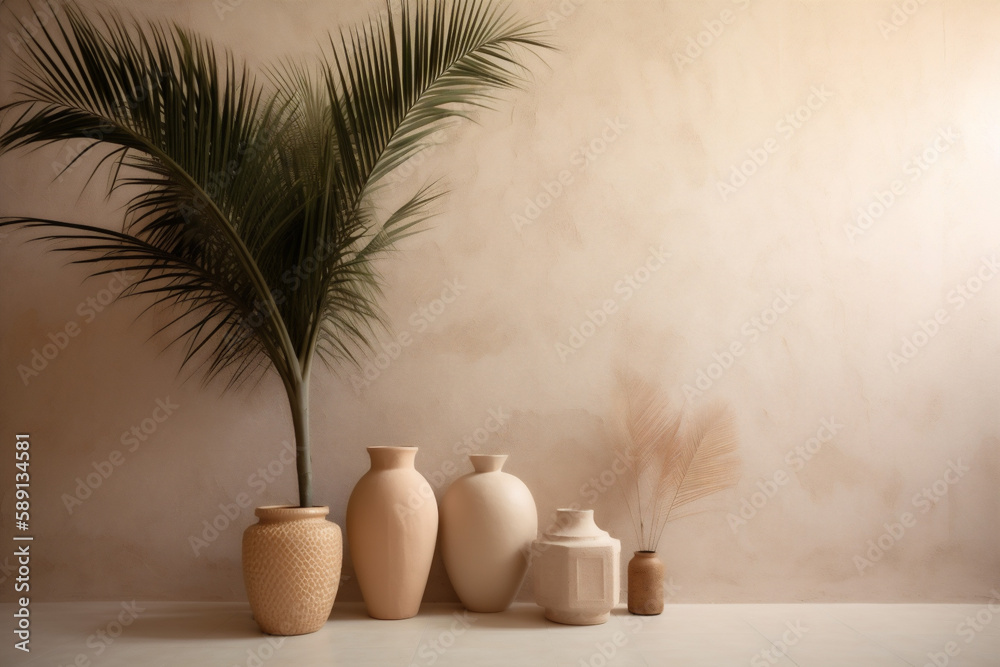 flower design wall interior concrete beige shadows home vase decor sunlight. Generative AI.