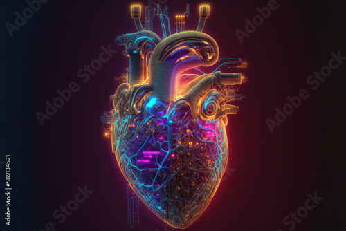 Cyberpunk high-tech neon glowing heart natural shape on dark background. Generative AI illustration.
