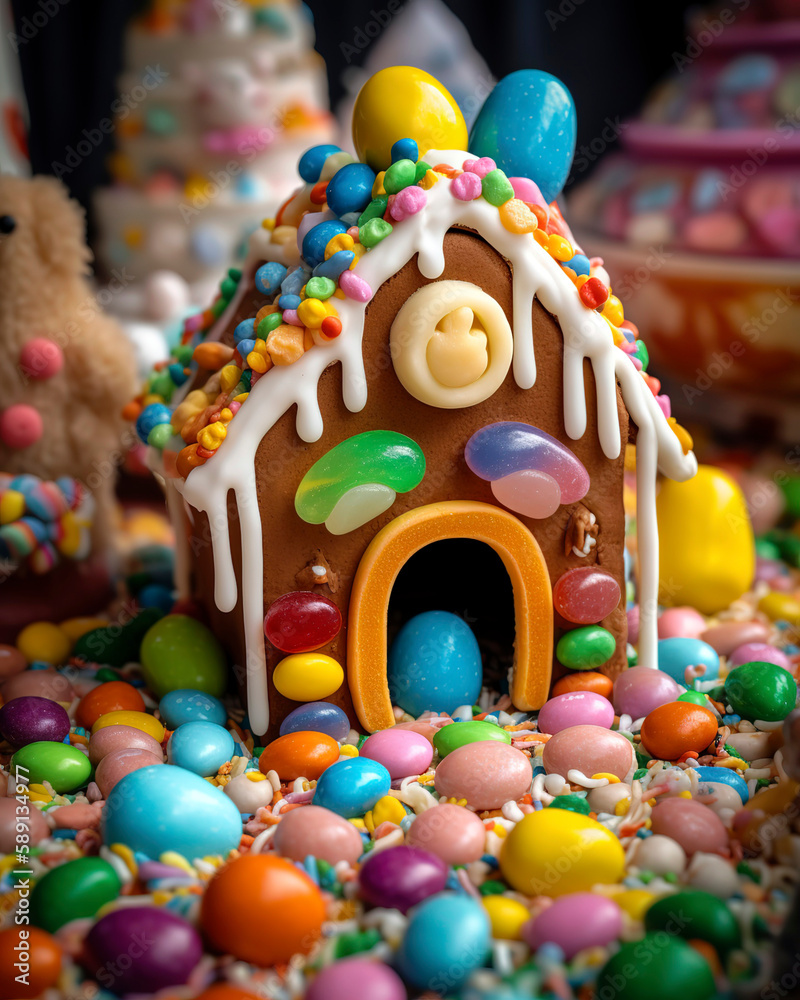 Close-up of a cute Easter-themed gingerbread house decorated with colorful icing, candies, and small chocolate eggs.