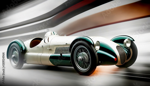 Fotografia White and Green Vintage Race Car with Sleek Curves and Classic Design on High-Sp