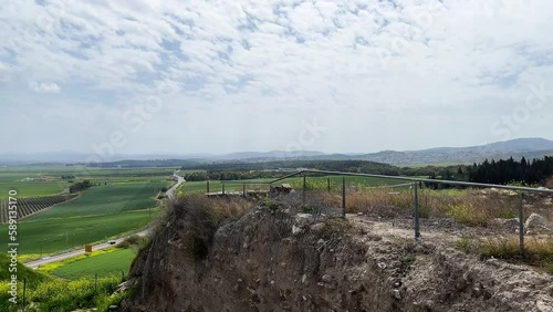 View from Mount Megiddo of fields and farmland outside Tel Megiddo National Park, Israel
