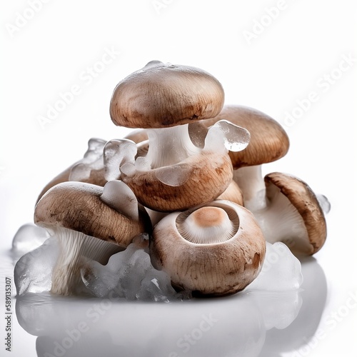 mushrooms on a white background, fresh mushrooms, mushrooms on ice, AI generated image, AI art, AI vegetables, vegetables