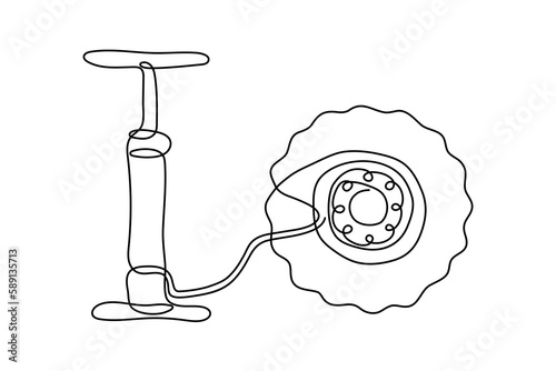 Hand pump and inflated wheel connected by hose - one line drawing vector. The concept of servicing wheels for various vehicles. Accident and repair. Punctured wheel of a car.