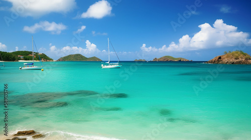 Tropical Paradise Awaits: A Caribbean Beach with Yachts and Breathtaking Scenery, generated by IA 