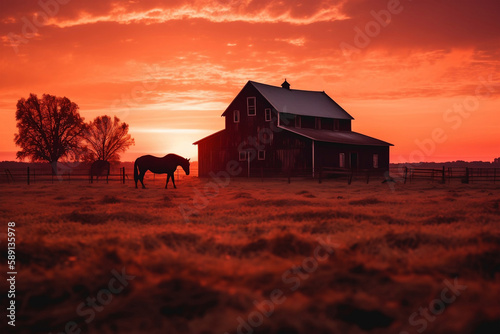 Pasture on A horse ranch with a house and fence, generative ai