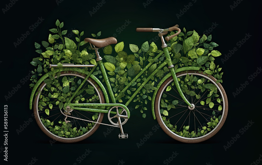 Fototapeta premium Green bike enveloped by lush leaves, intricately detailed. Generative AI