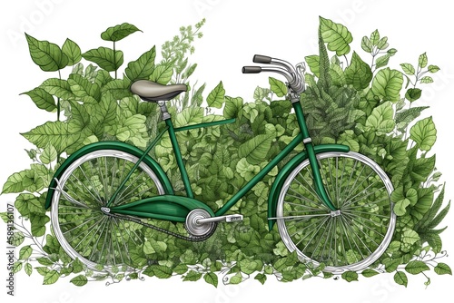 Green bike enveloped by lush leaves, intricately detailed. Generative AI © Gelpi