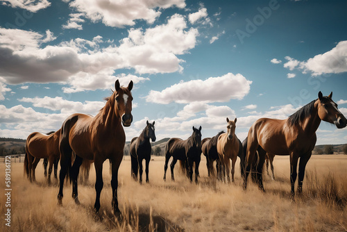 Wild horses graze in the sunlit meadow  generative ai