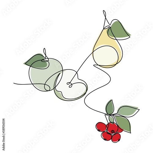 Apple, pear, red berries branch with leaves vector. One line continuous hand drawn illustration. Linear silhouette, fruit icon set. Minimal design, print, banner, card, poster, brochure, logo, menu.