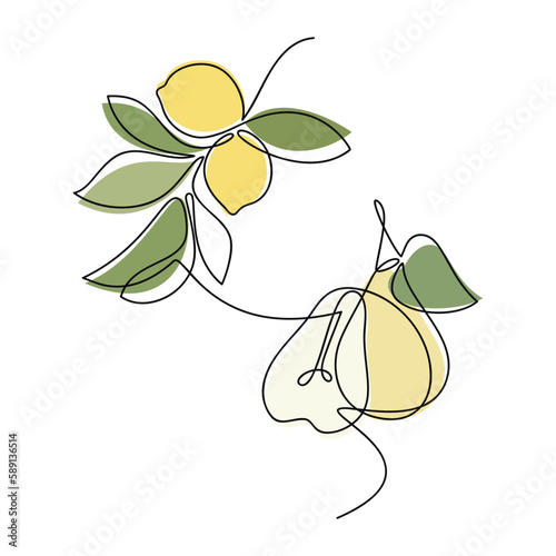 Lemon branch with leaves and cut yellow pear vector. One line continuous hand drawn illustration. Linear silhouette, fruit icon. Minimal design, print, banner, card, poster, brochure, logo, menu.