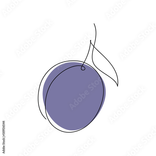 Plum vector. Line continuous hand drawn illustration. Abstract drawing. Fruit outline icon. Garden plant. Minimal linear silhouette. Minimal design, print, banner, card, brochure, logo, menu, sign.