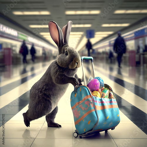 Easter Bunny In The Airport_02. AI Generative. photo