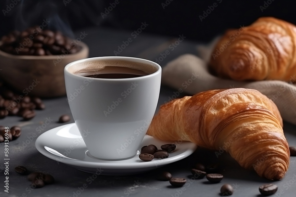 Fragrant croissants and steaming coffee with scattered beans for a delicious breakfast or snack. Generative AI Fragrant croissants and steaming coffee with scattered beans for a delicious breakfast or snack. Generative AI