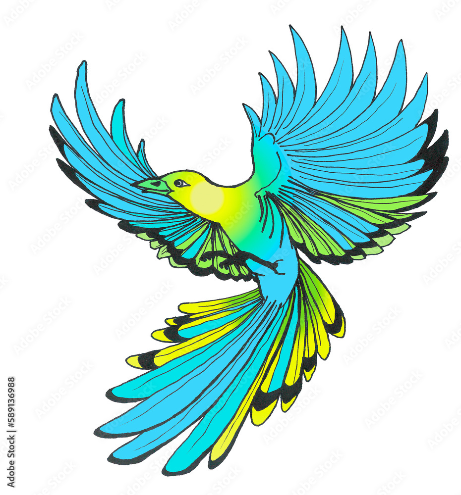 A cute festive image for the creative design of Happy Earth Day. A vivid illustration of the World Migratory Bird Day. A very cheerful lime-azure tropical bird with a fan-shaped tail and large wings