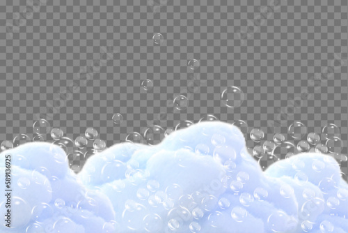 Shampoo bubbles texture.Bath foam isolated on transparent background. Sparkling shampoo and bath lather vector illustration.