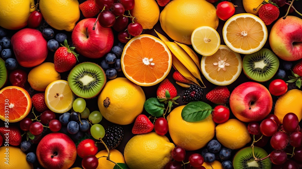 Set of juicy summer fruits to use as wallpaper. Generative AI Set of juicy summer fruits to use as wallpaper. Generative AI
