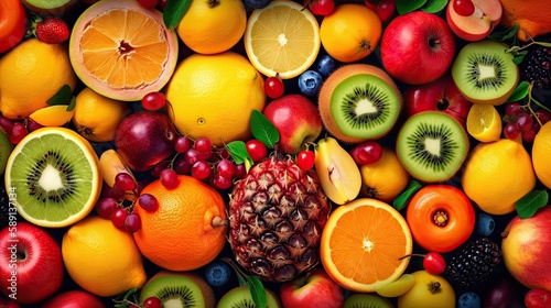 Set of juicy summer fruits to use as wallpaper. Generative AI