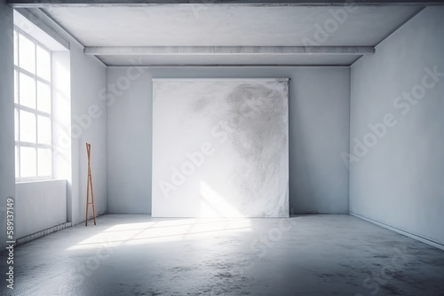 Empty canvas hanging in the middle on the wall of white color room. Generative AI