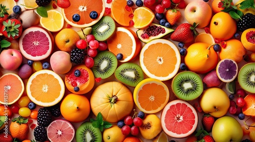 Set of juicy summer fruits to use as wallpaper. Generative AI