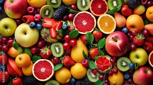 Set of juicy summer fruits to use as wallpaper. Generative AI © Gelpi