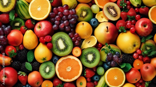 Set of juicy summer fruits to use as wallpaper. Generative AI