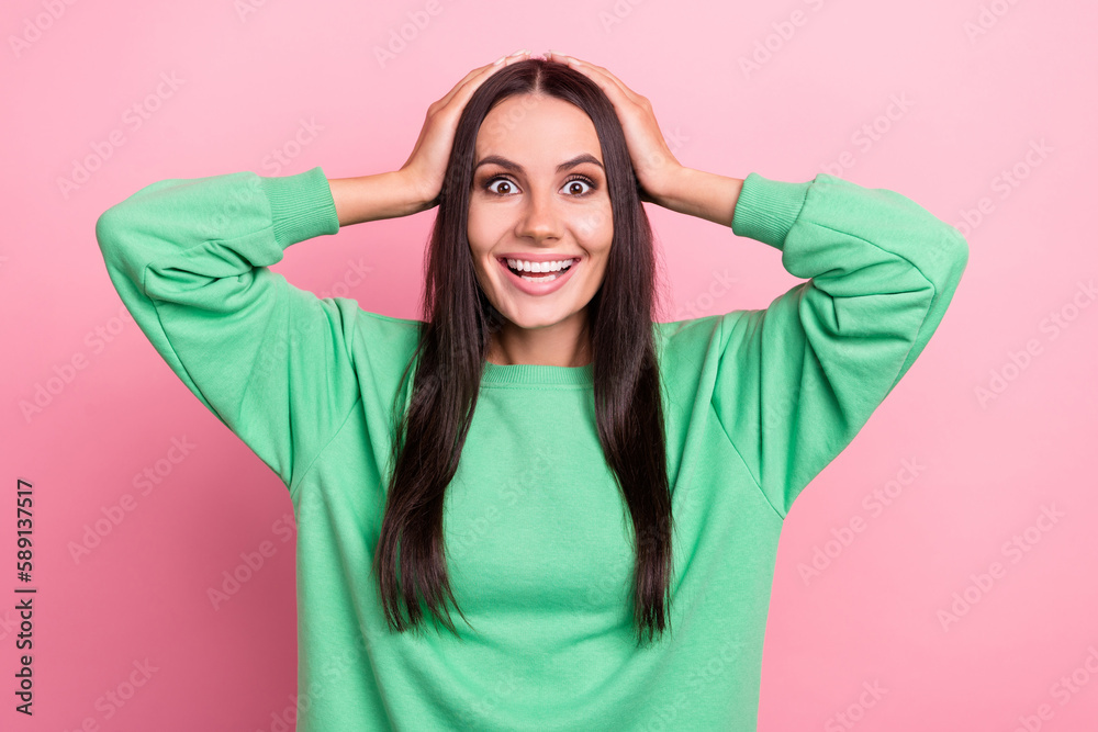 Photo of excited funny youngster latin woman hands head stupor unexpected reaction good news growing salary isolated on pink color background Photo of excited funny youngster latin woman hands head stupor unexpected reaction good news growing salary isolated on pink color background