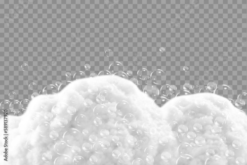 Shampoo bubbles texture.Bath foam isolated on transparent background. Sparkling shampoo and bath lather vector illustration.